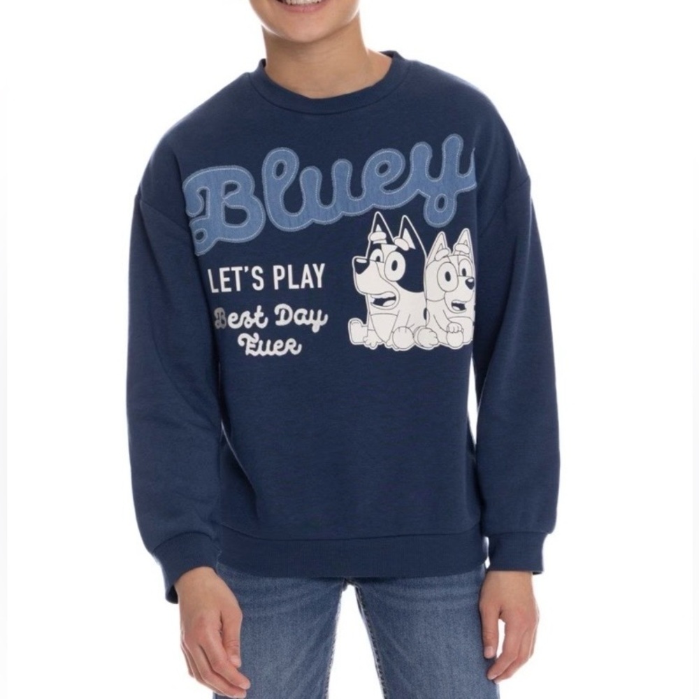 BLUEY Kids Character Soft Crewneck Sweatshirt Blue with Embroidery & Appliqué - Picture 1 of 10